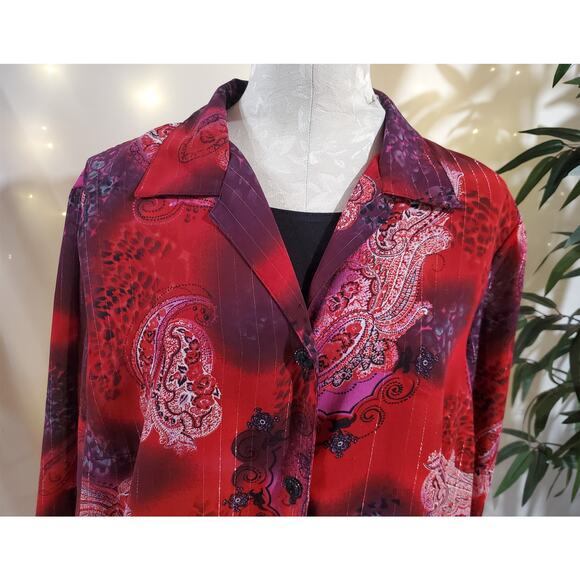 Maggie Barnes Vtg Sheer Paisley Sparkle Stripe Blouse Womens Plus Size 20W Red - Picture 7 of 10